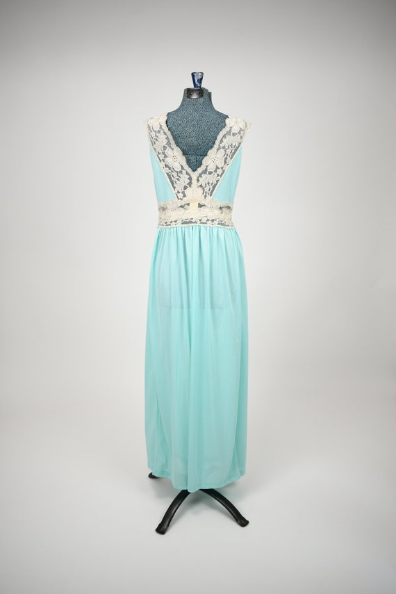 1960s-70s Aqua Blue Ankle Length Nightgown with L… - image 5