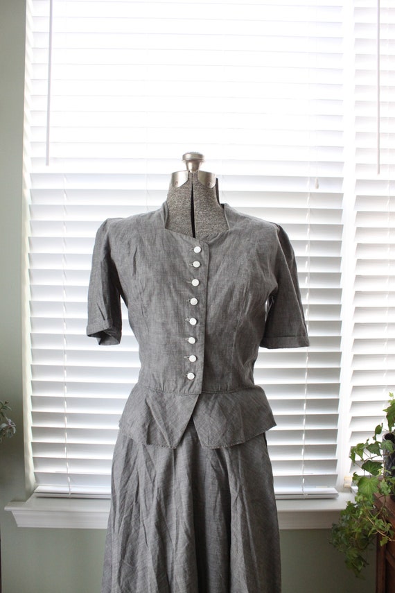 1940s Gray Chambray Skirt and Blouse Set