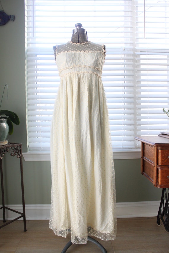 1960s-70s Swiss Dot Maxi with Cream Floral Trim - image 5