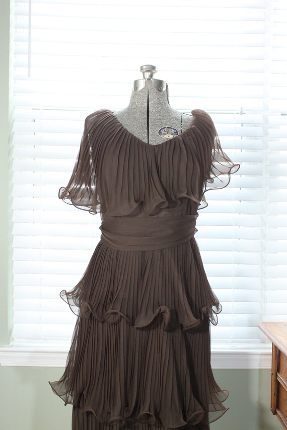 1960s Brown Chiffon Rippled Plisse Dress - image 2