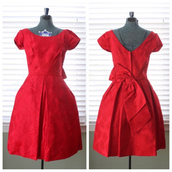 Early 1960s Red Rose Brocade Cocktail Dress - image 1