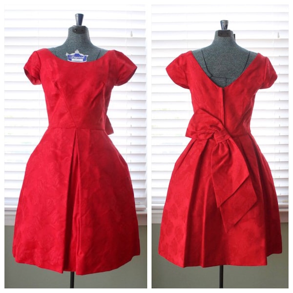 1960s Red Roses Pouf Skirt Cocktail Dress