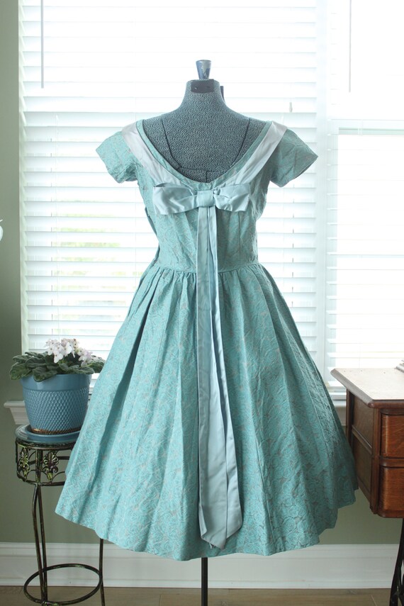 1950s Aqua Brocade Minx Modes Party Dress with Ri… - image 7