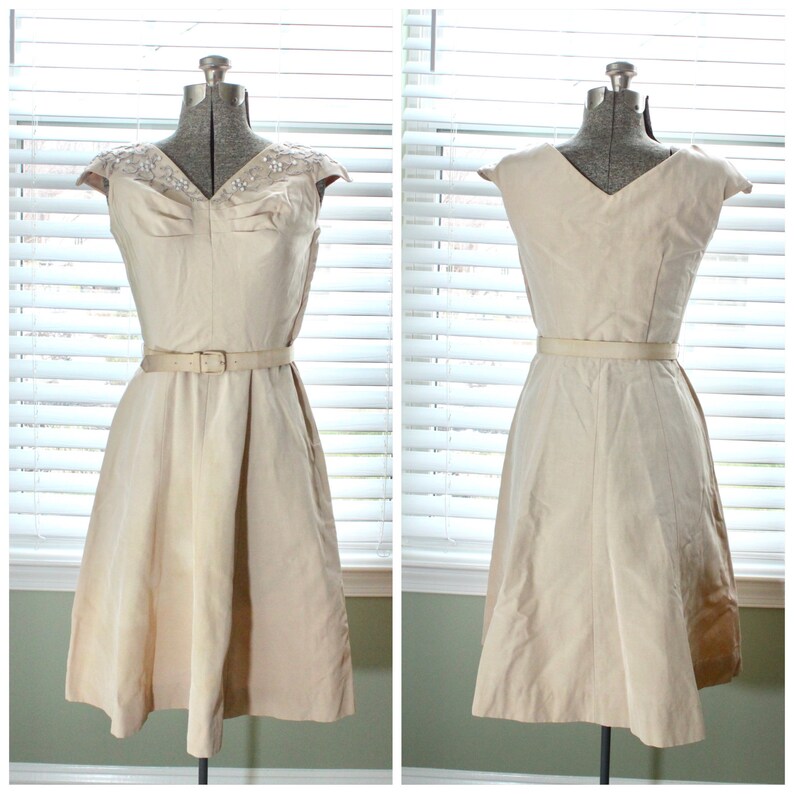 1940s Beige Cotton Faille Dress With Embroidery and Faux - Etsy