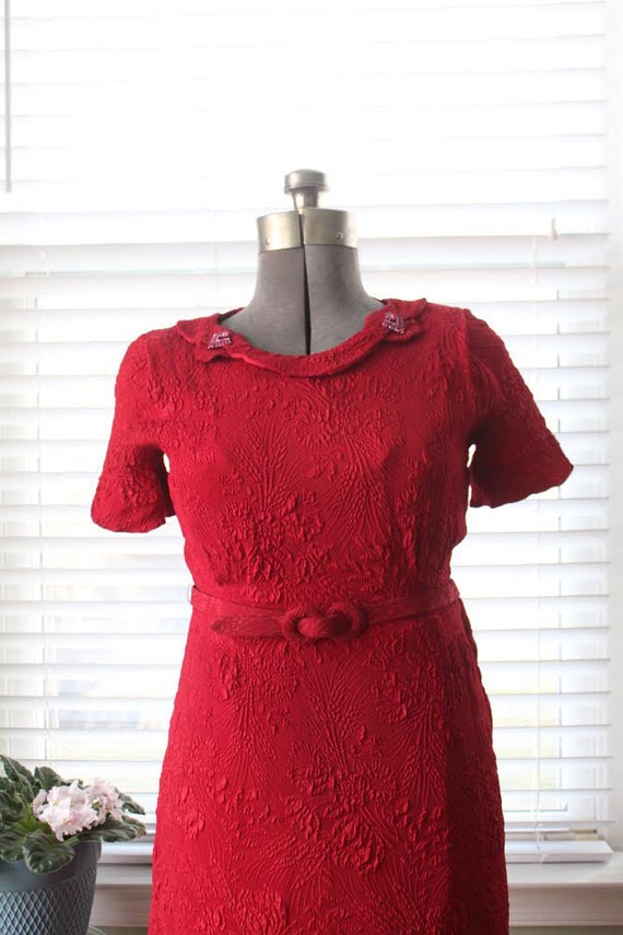 1940s Lipstick Red Brocade Wiggle Dress with Matc… - image 8