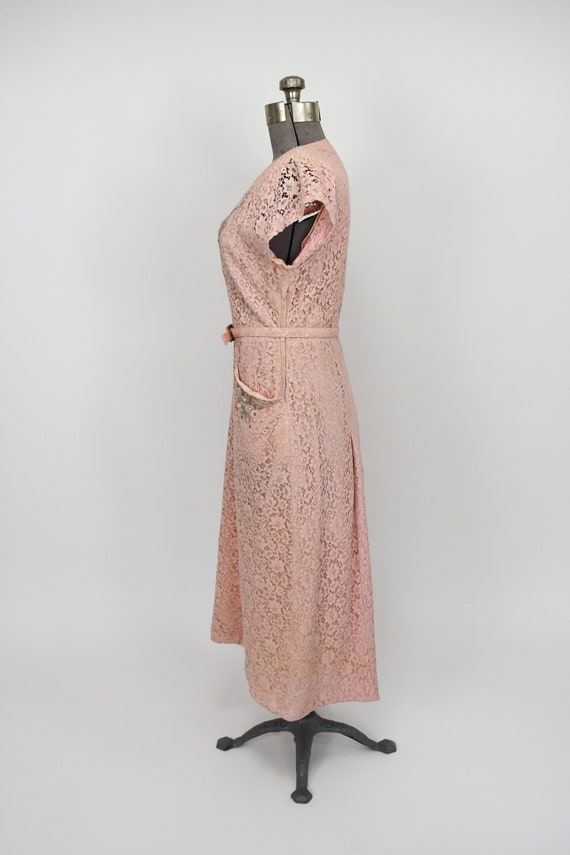 Early 1950s Pink Lace Dress with Beaded Collar an… - image 6