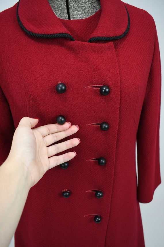 1960s Cranberry Red Wool Peacoat with Black Butto… - image 8
