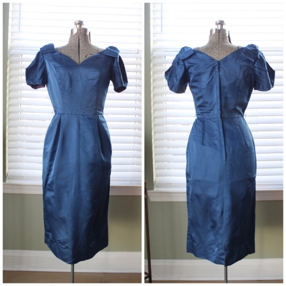 1960s Deep Blue Wiggle Dress with Sleeve Cut Outs… - image 1