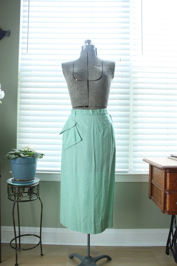 1940s Mint Green Linen Skirt with Asymmetrical Poc