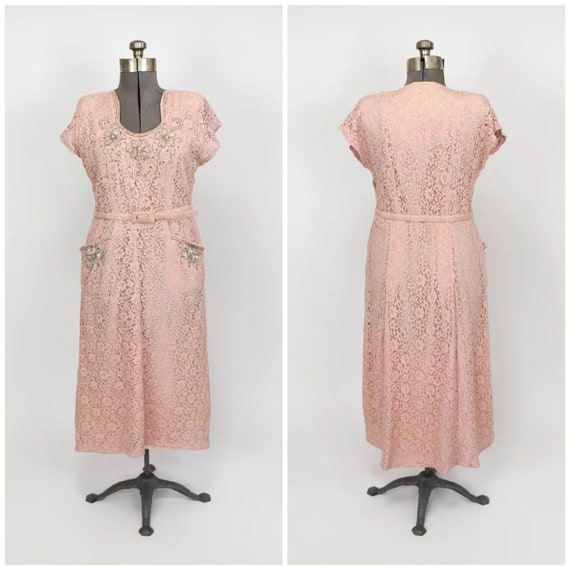 Early 1950s Pink Lace Dress with Beaded Collar an… - image 1