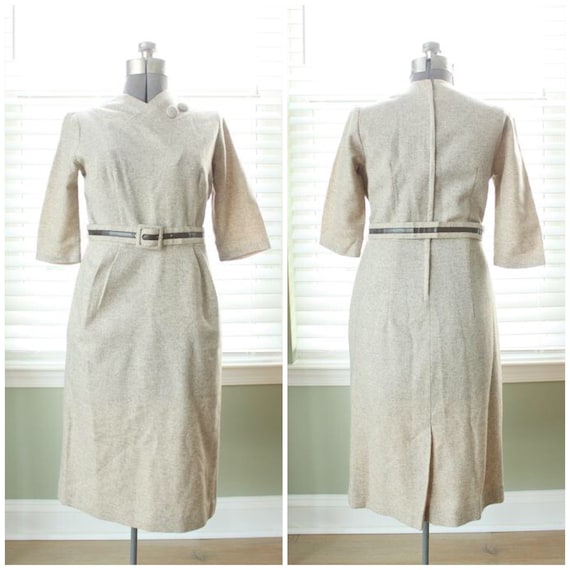 1950s-1960s Beige Wool Wiggle Dress with Brown Le… - image 1