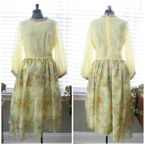 1970s Pale Yellow Party Dress with Floral, Asymmetrical Skirt