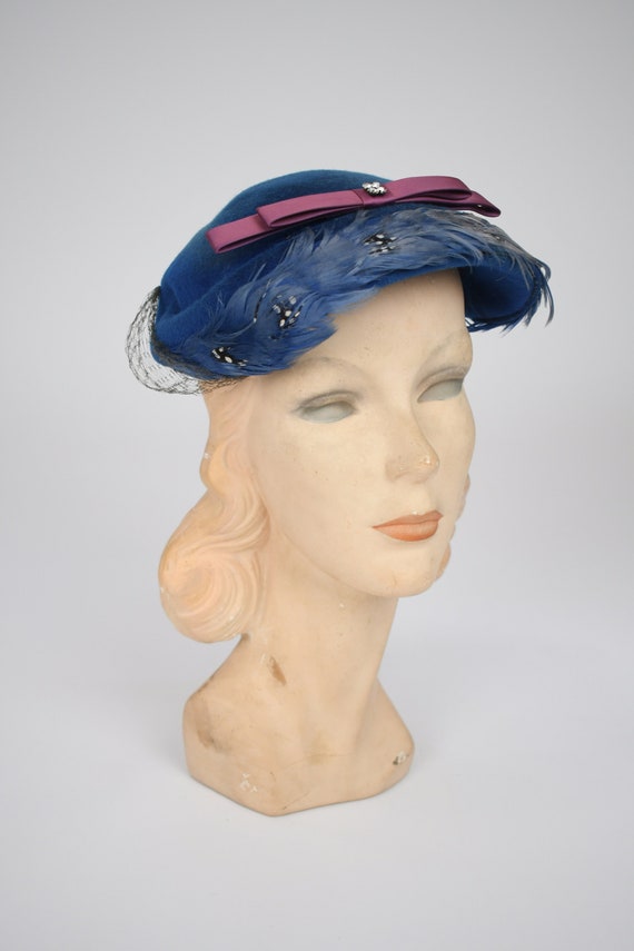 1950s Cerulean Blue Felt Hat with Blue, Dyed, Spo… - image 3