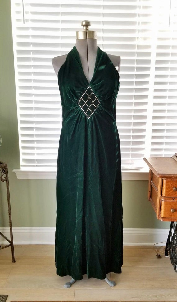 1960s Forest Green Velvet Gown with Rhinestones - image 2