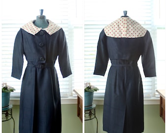 1950s-1960s Navy Silk Dress and Jacket set with Polka Dot Sailor Collar
