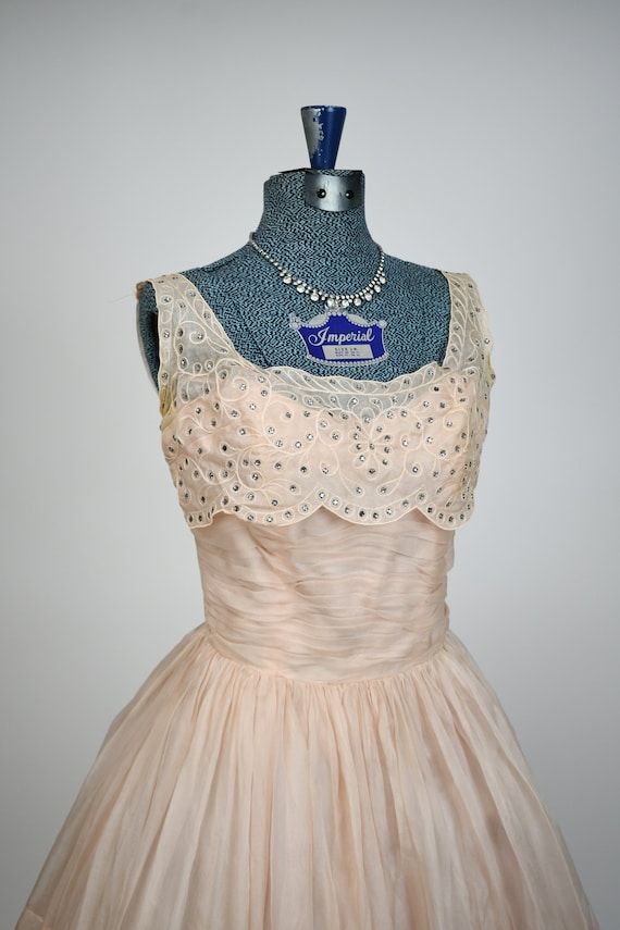 1950s Pale Pink Tulle Party/Prom Dress with Rhines