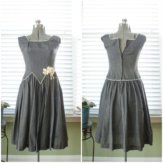 1950s Gray Chambray Dropwaist Dress with Millinery