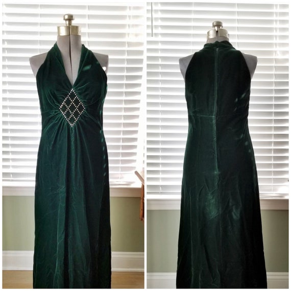 1960s Forest Green Velvet Gown with Rhinestones - image 1