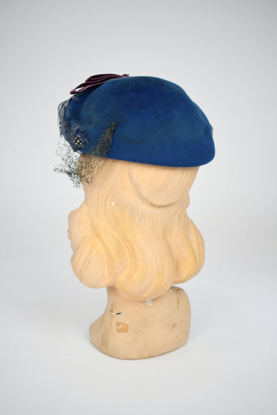 1950s Cerulean Blue Felt Hat with Blue, Dyed, Spo… - image 7
