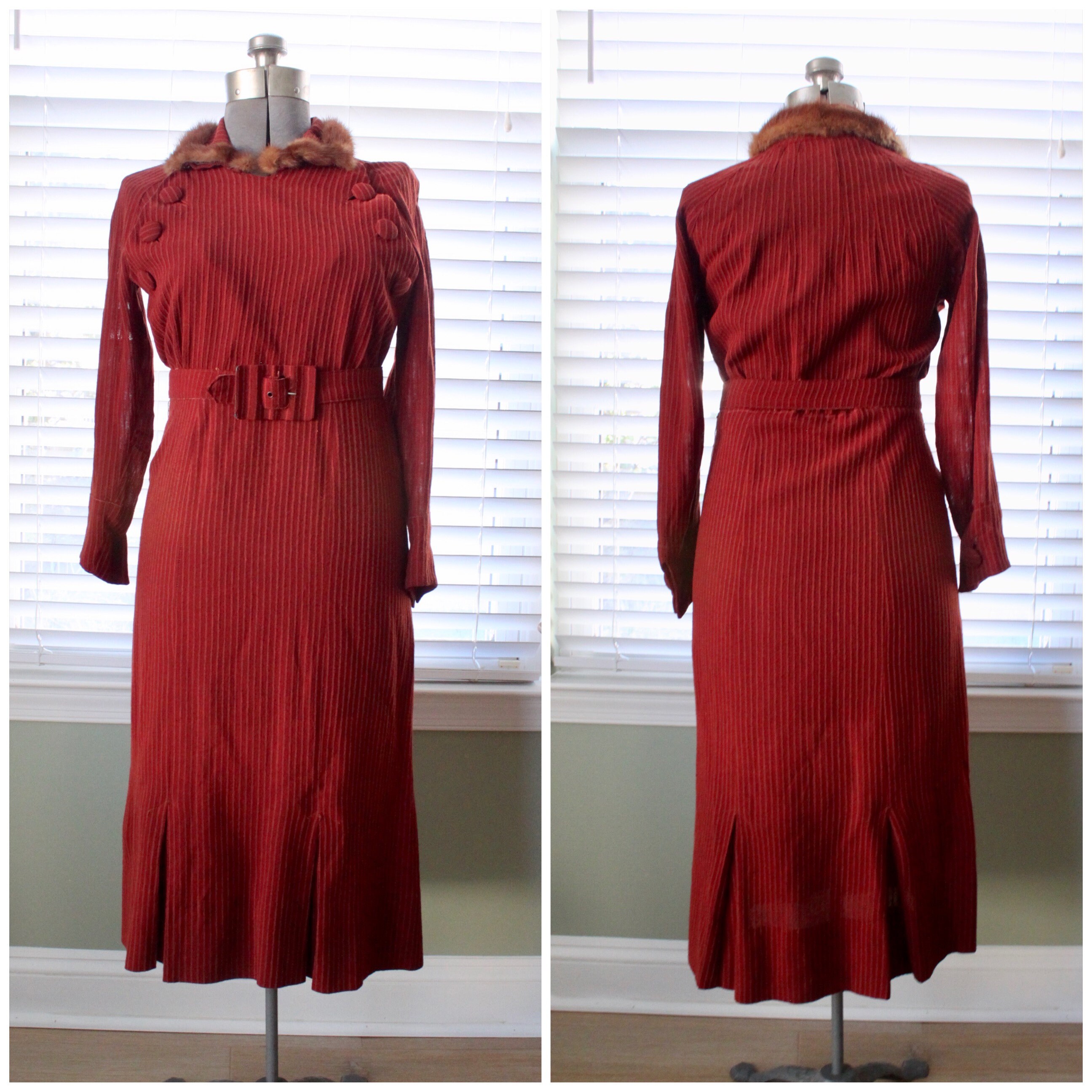 red pinstripe dress