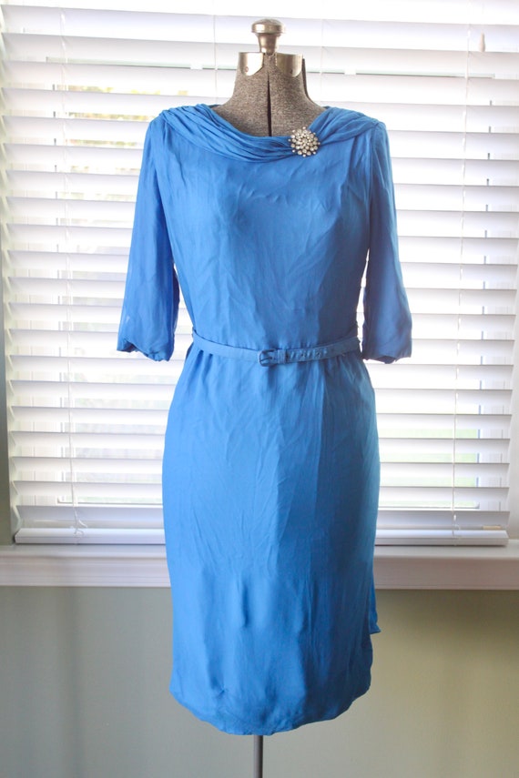 1950s Evening Blue Chiffon Cocktail Dress with St… - image 1