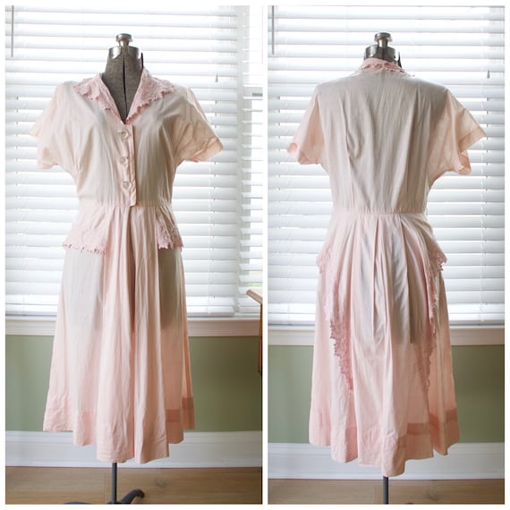 1940s Pastel Pink Printed Glazed Cotton Zip Front Robe 40s 