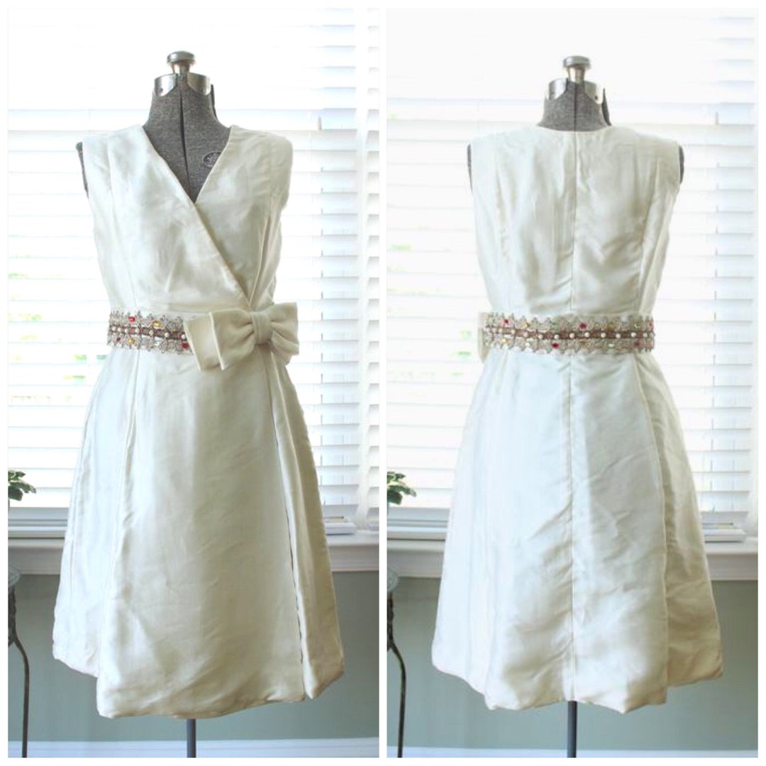 1960s Cream Wrap Dress With Bow and Jeweled Belt Etsy