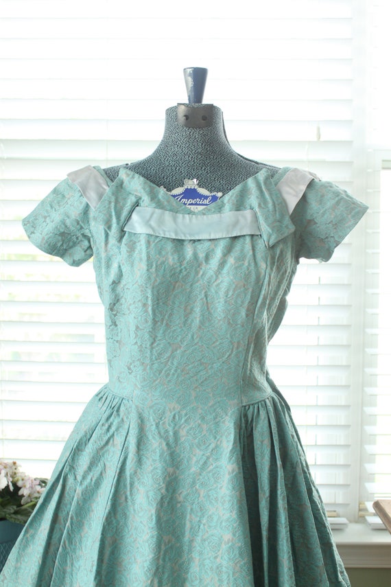 1950s Aqua Brocade Minx Modes Party Dress with Ri… - image 3