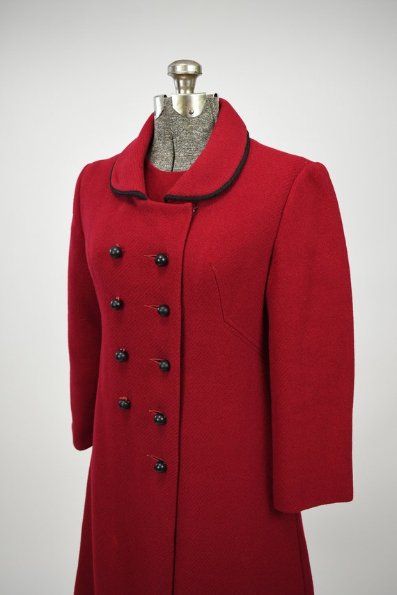 1960s Cranberry Red Wool Peacoat with Black Butto… - image 2