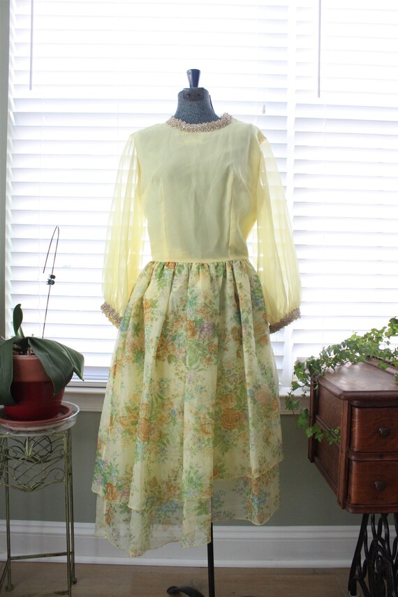 1970s Pale Yellow Party Dress with Floral, Asymme… - image 2