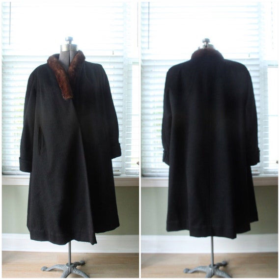 1940s Black Wool Swing Coat with Red Mink Trim - image 1