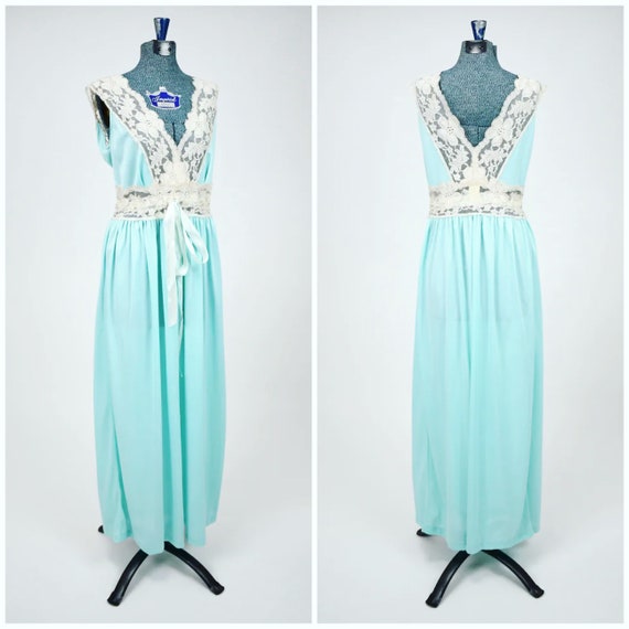 1960s-70s Aqua Blue Ankle Length Nightgown with L… - image 1