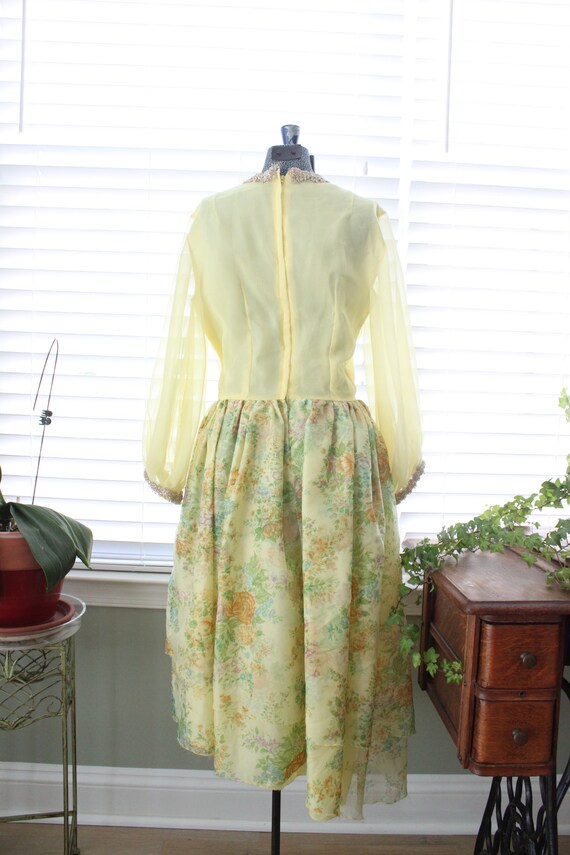 1970s Pale Yellow Party Dress with Floral, Asymme… - image 3