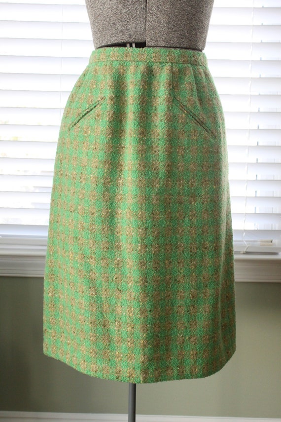 1950s Bergdorf Goodman Bright Green and Tan Wool S