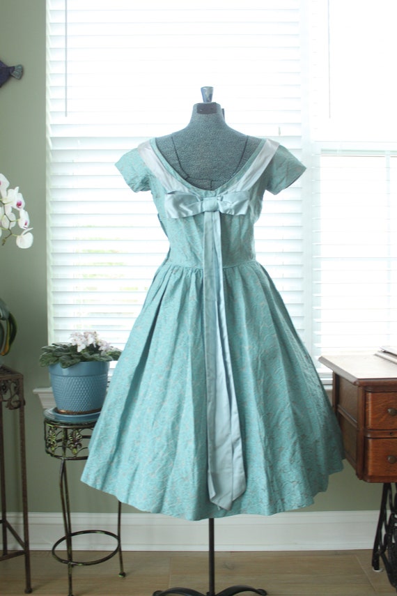 1950s Aqua Brocade Minx Modes Party Dress with Ri… - image 6