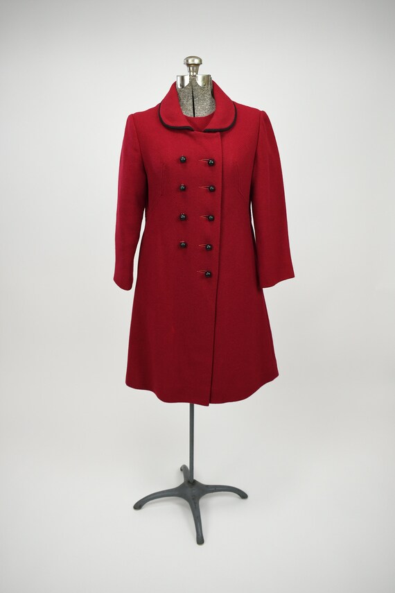 1960s Cranberry Red Wool Peacoat with Black Butto… - image 1