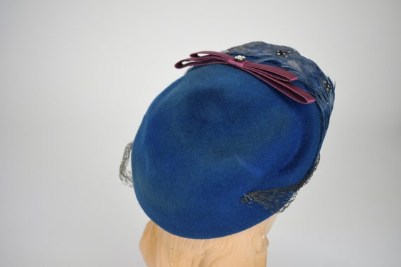 1950s Cerulean Blue Felt Hat with Blue, Dyed, Spo… - image 6