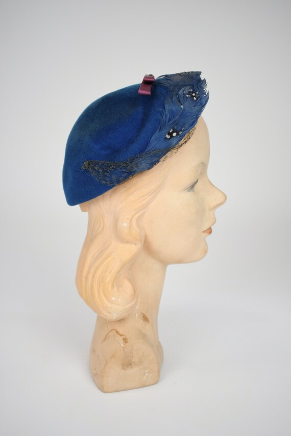 1950s Cerulean Blue Felt Hat with Blue, Dyed, Spo… - image 5