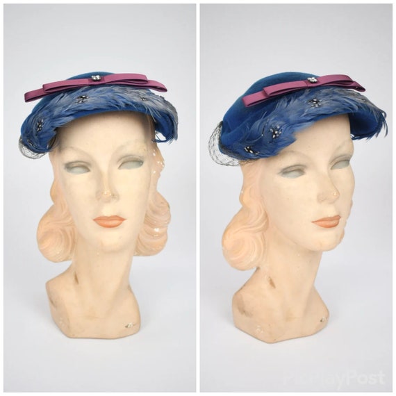 1950s Cerulean Blue Felt Hat with Blue, Dyed, Spo… - image 1