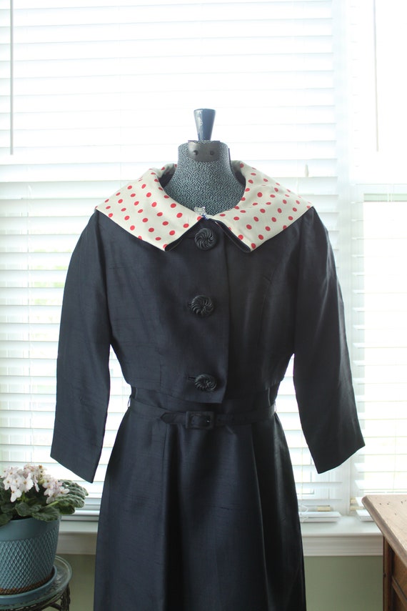 1950s-1960s Navy Silk Dress and Jacket set with P… - image 5