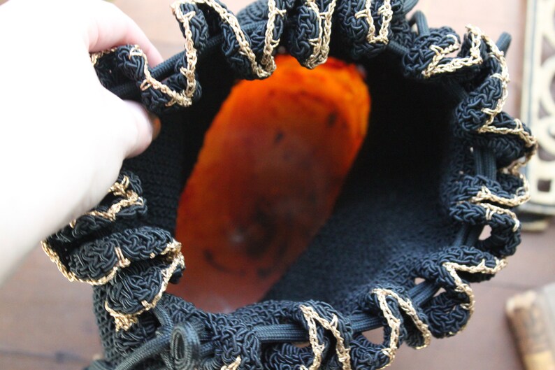 1940s Crochet Drawstring Purse with Tortoiseshell Base