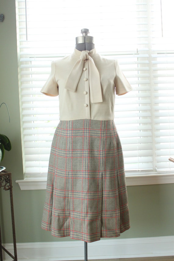 1970s Dress with Pussy Bow and Wool Check Skirt - image 3