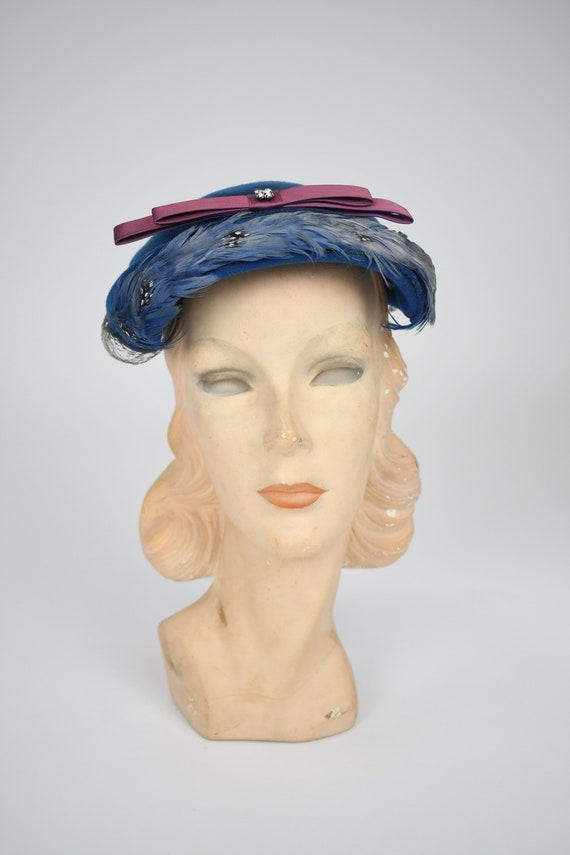 1950s Cerulean Blue Felt Hat with Blue, Dyed, Spo… - image 2