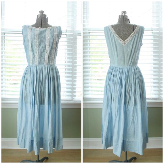 1940s Baby Blue Cotton Day Dress