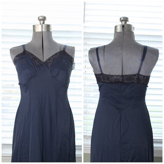 1950s Nylon Navy with Black Lace Nightgown/Slip - Gem