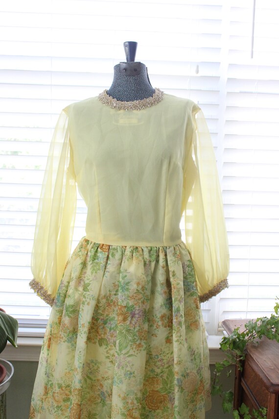 1970s Pale Yellow Party Dress with Floral, Asymme… - image 10