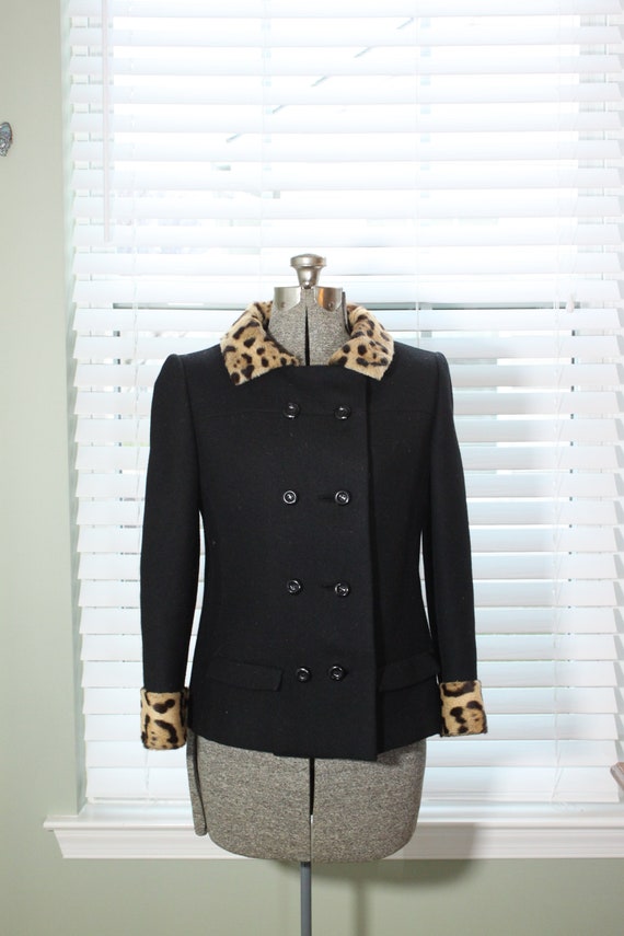 1960s Black Peacoat with Faux Cheetah/Leopard Coll