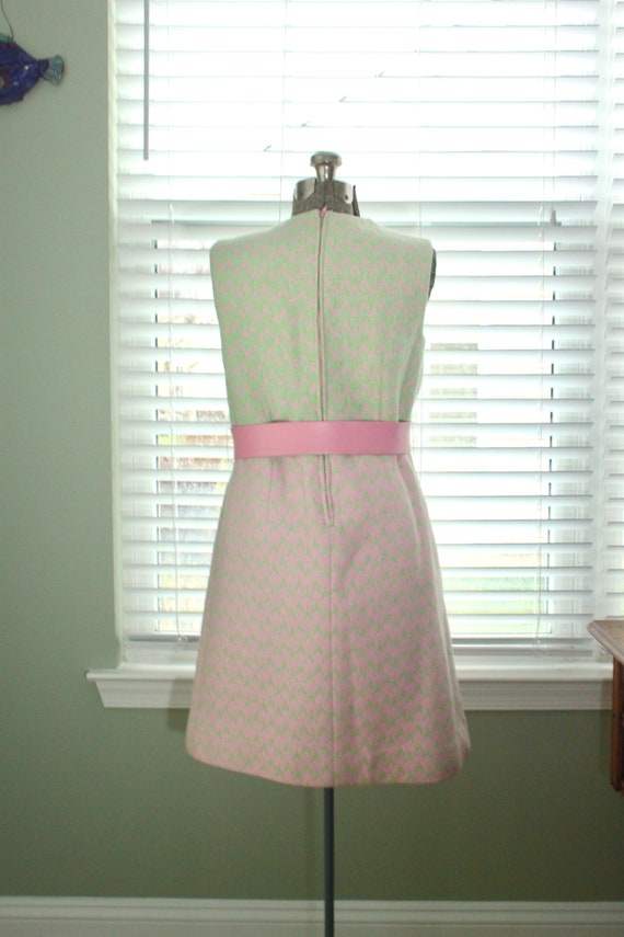 1960s Mod Green and Pink Wool Mini Dress - image 3