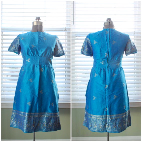 1960s-1970s Turquoise Sari Inspired Dress