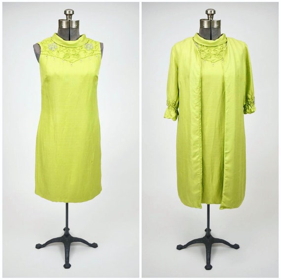 1960s Silk Blend Chartreuse Cocktail Ensemble wit… - image 1